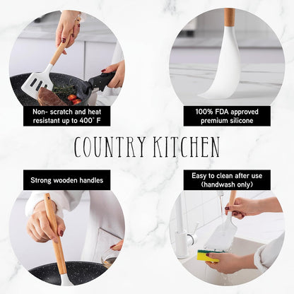 Country Kitchen Non Stick Silicone Utensil Set with Rounded Wood Handles for Cooking and Baking, 14