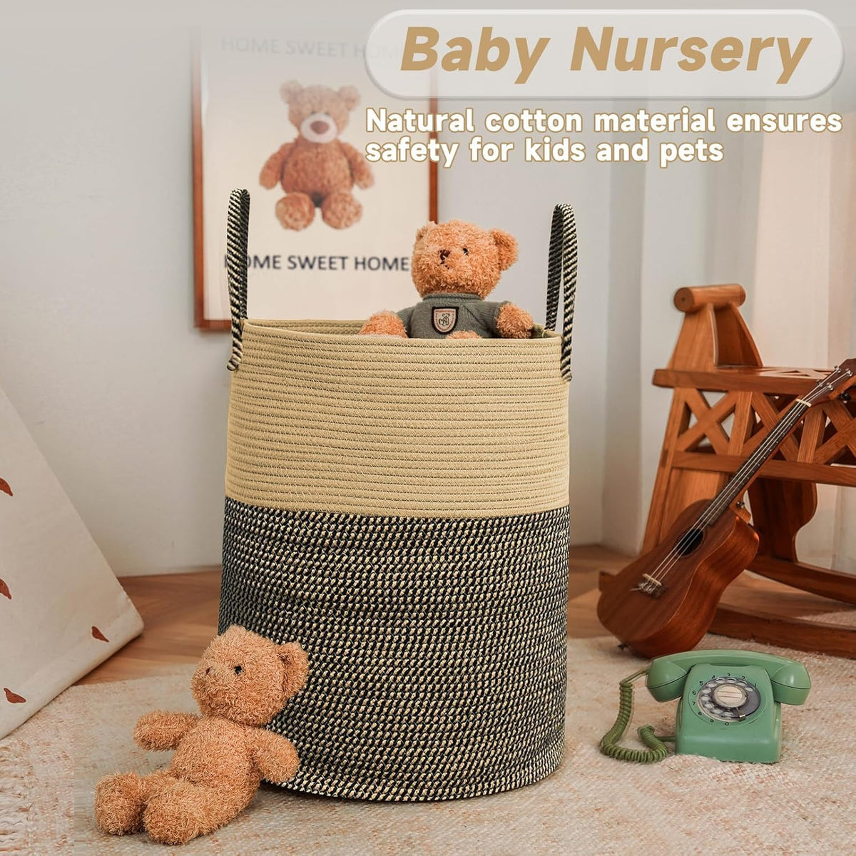 Large Woven Laundry Basket Hamper,80L Cotton Rope Storage Bin for Blankets,Toys and