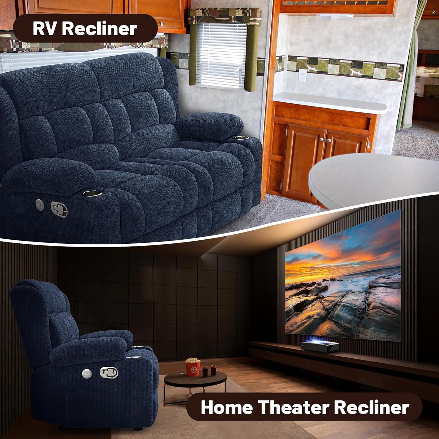 Loveseat Recliner Sofa, 2 Seater Minimalist Style Fabric Manual Pull Tab Reclining Loveseat with