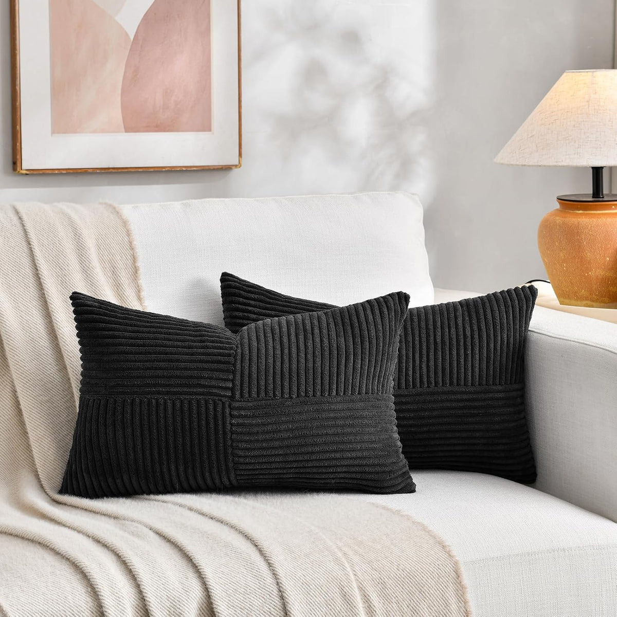 Fancy Homi 2 Packs Black Long Lumbar Decorative Throw Pillow Covers 16x24 Inch for Couch Bed Sofa