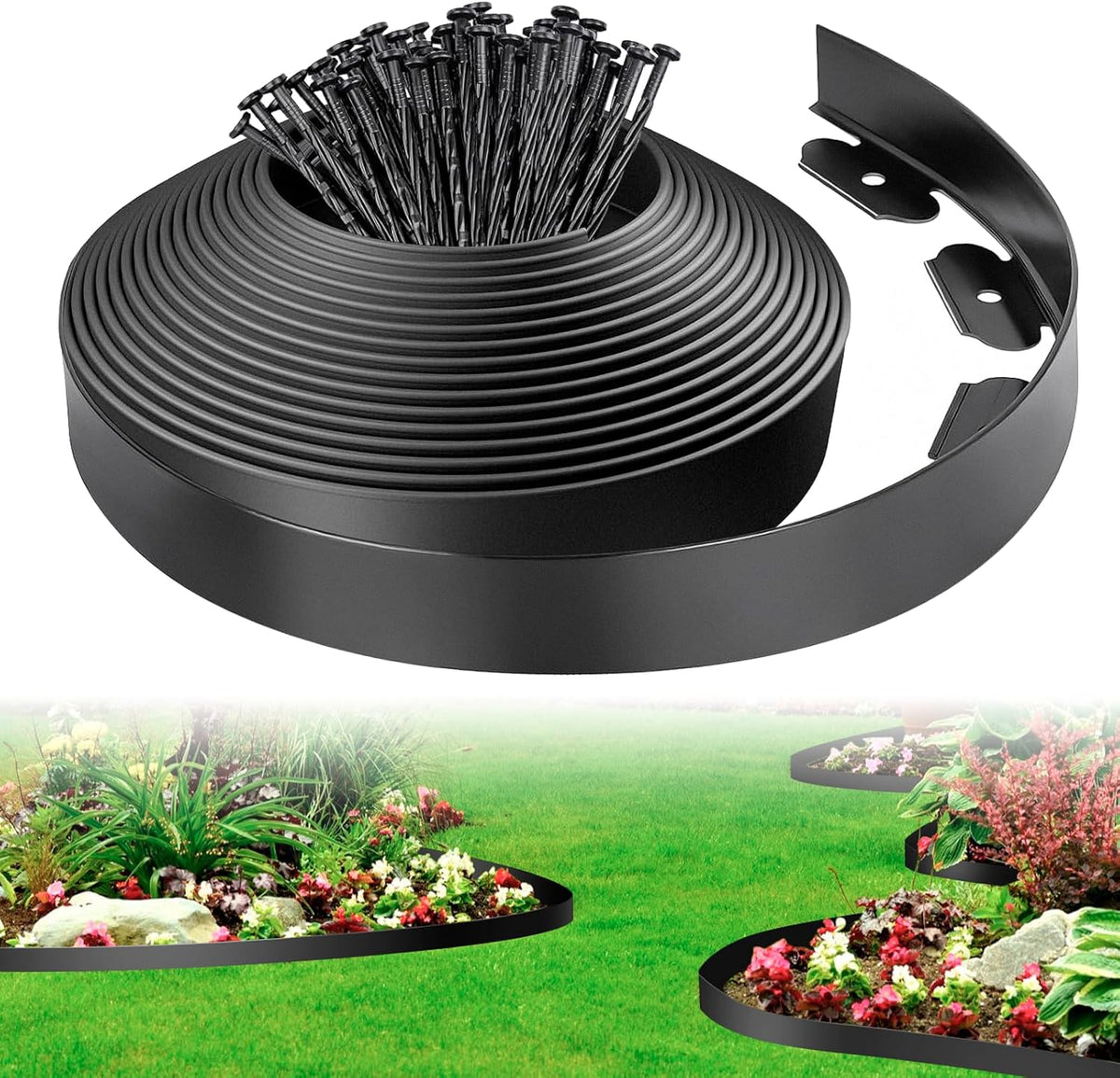 4 in Tall Landscape Edging, 100FT Plastic Garden Border Edging with 120 Anchoring Spikes, Landscape