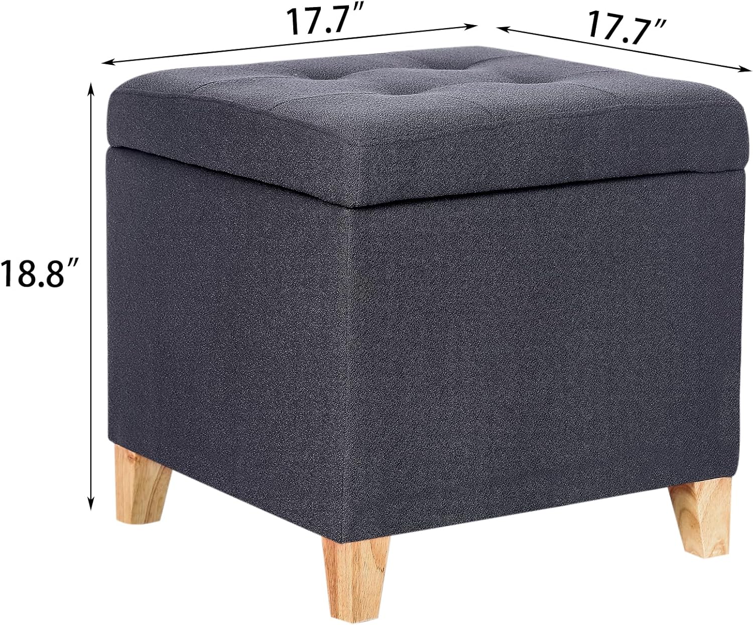 Adeco Fabric Storage Ottoman Bench with Solid Wood Legs, 17.7" Square Dark Grey Cotton Linen Cube