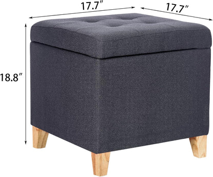 Adeco Fabric Storage Ottoman Bench with Solid Wood Legs, 17.7" Square Dark Grey Cotton Linen Cube