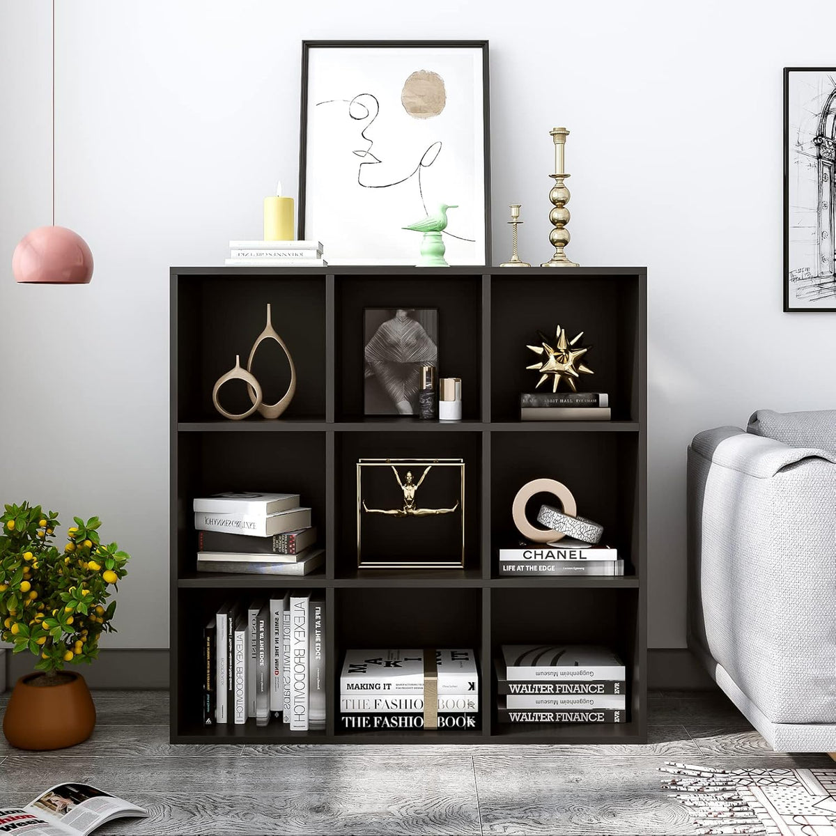 9-Cube Storage Shelf Bookcase - Wooden 3-Tier Free Standing Open Bookshelf for Home and Office