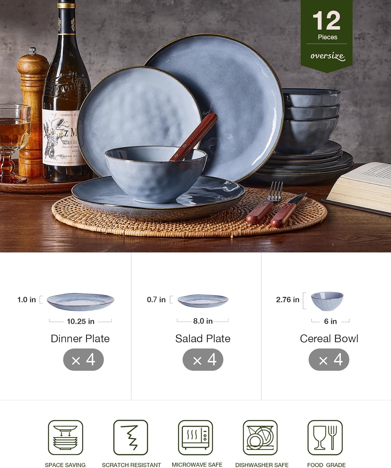Famiware Dinnerware Sets for 4, Ocean Round 12-Piece Kitchen Plates and Bowls Sets, Reactive Glaze