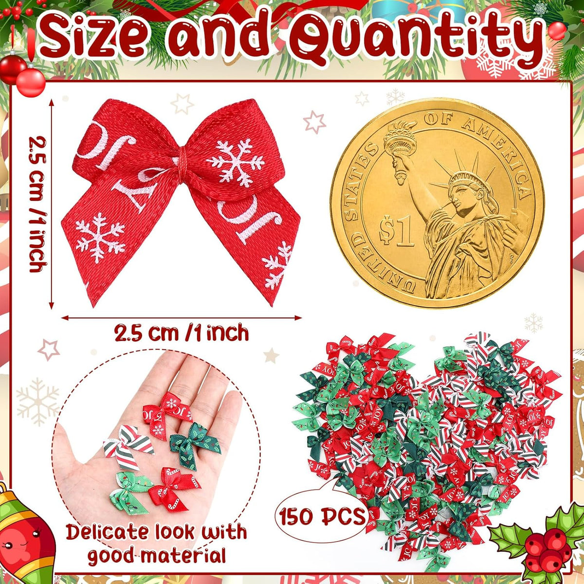Syhood 150 Pcs Christmas Mini Bow Tiny Twist Tie Bow Handmade Craft Ribbon for DIY Sewing Party