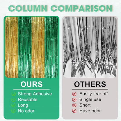 3 Pack 3.3 x 8.2 ft Green and Gold Foil Fringe Backdrop Curtains, Tinsel Streamers Party