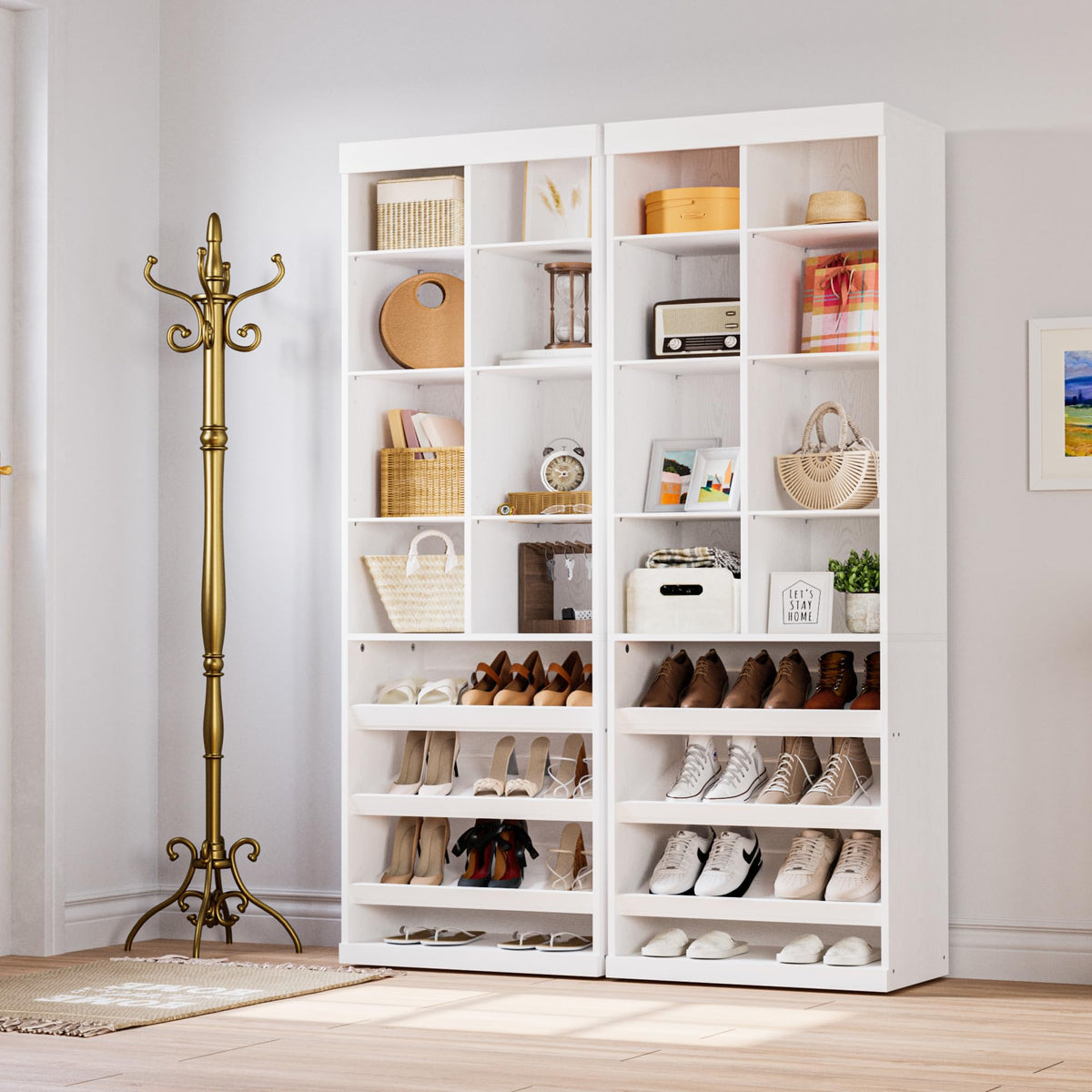 IRONCK Tall Shoe Storage Cabinet with Adjustable Shelves and Cubbies, White