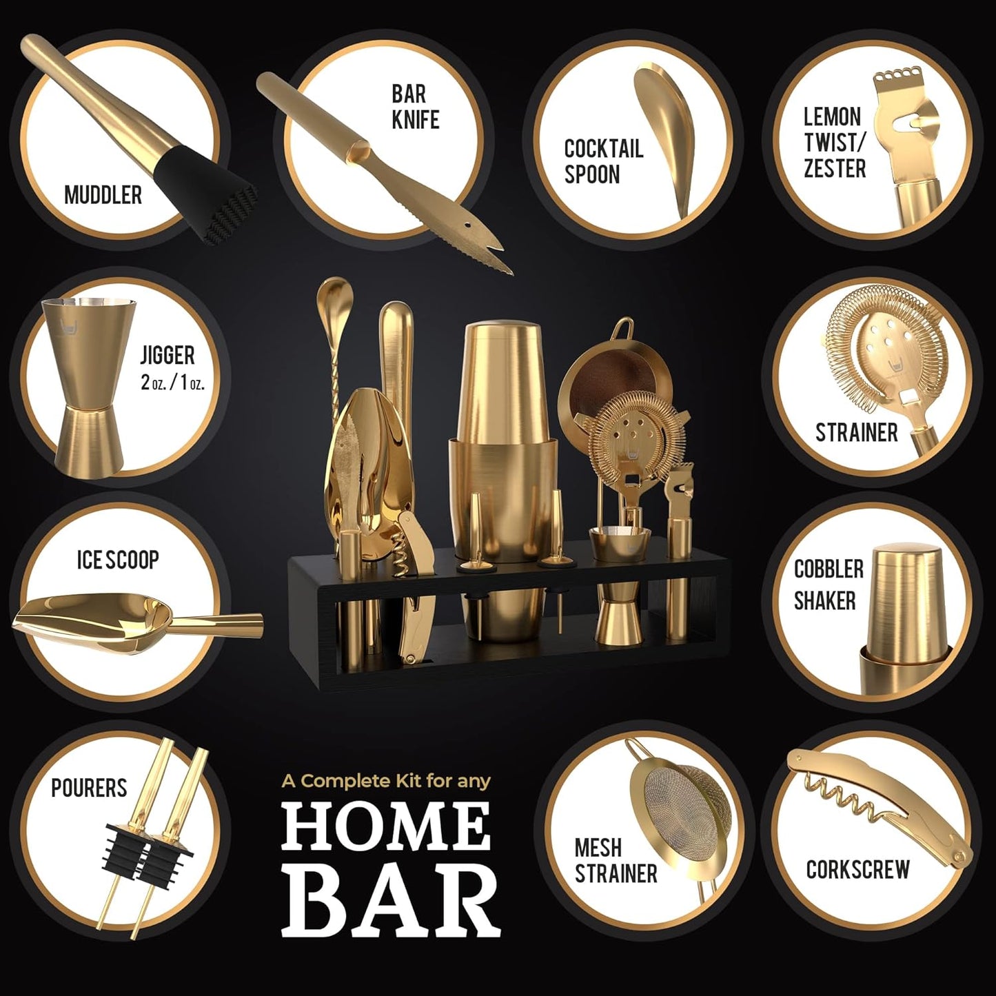 Highball & Chaser Bartender Kit with Black Bamboo Stand Beautiful Cocktail Shaker Set and Bar Tools