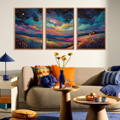 KAIRNE Framed Abstract Midnight Canvas Wall Art,Starry Night Prints Set of 3(16”X24”),Colorful