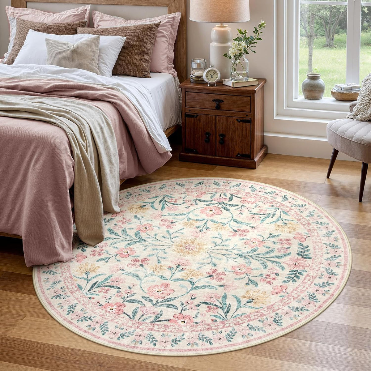 Wonnitar Pink Floral Round Rugs 5ft, Soft Circle Rug Non Slip Washable Round Carpet, Boho