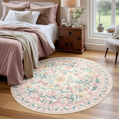 Wonnitar Pink Floral Round Rugs 5ft, Soft Circle Rug Non Slip Washable Round Carpet, Boho