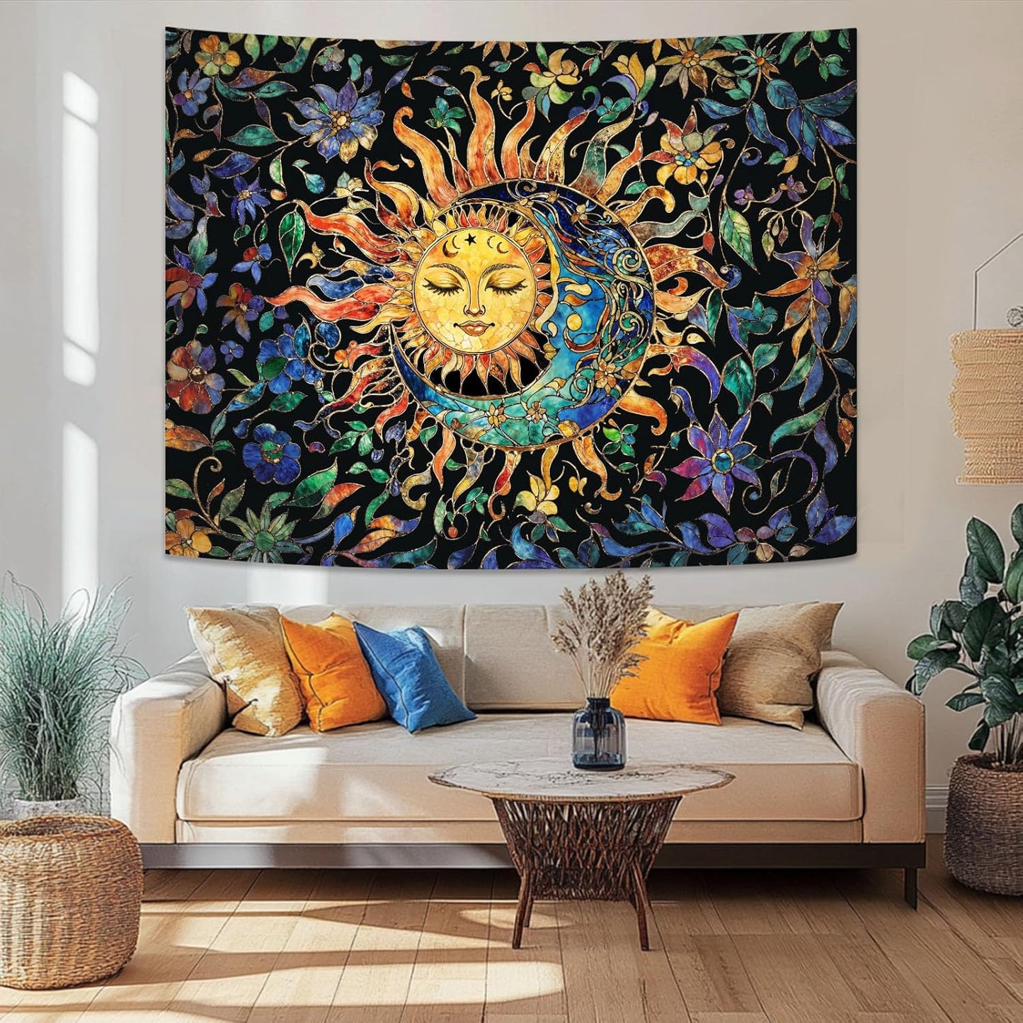 Aipon Sun and Moon Tapestry for Bedroom Boho Hippie Floral Wall Tapestry Aesthetic Vintage Stained