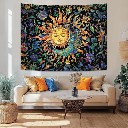 Aipon Sun and Moon Tapestry for Bedroom Boho Hippie Floral Wall Tapestry Aesthetic Vintage Stained
