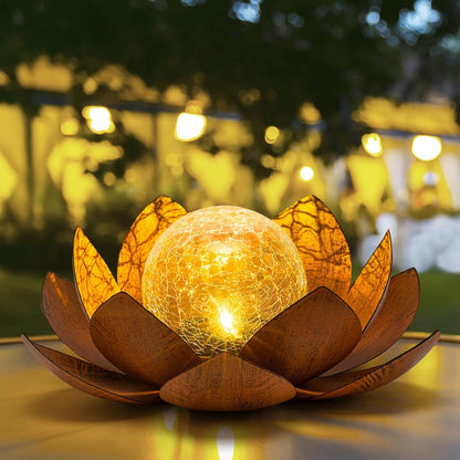 Solar Light Outdoor(2Pack), Art Crackle Globe Glass Lotus Decoration, Solar LED Waterproof Metal