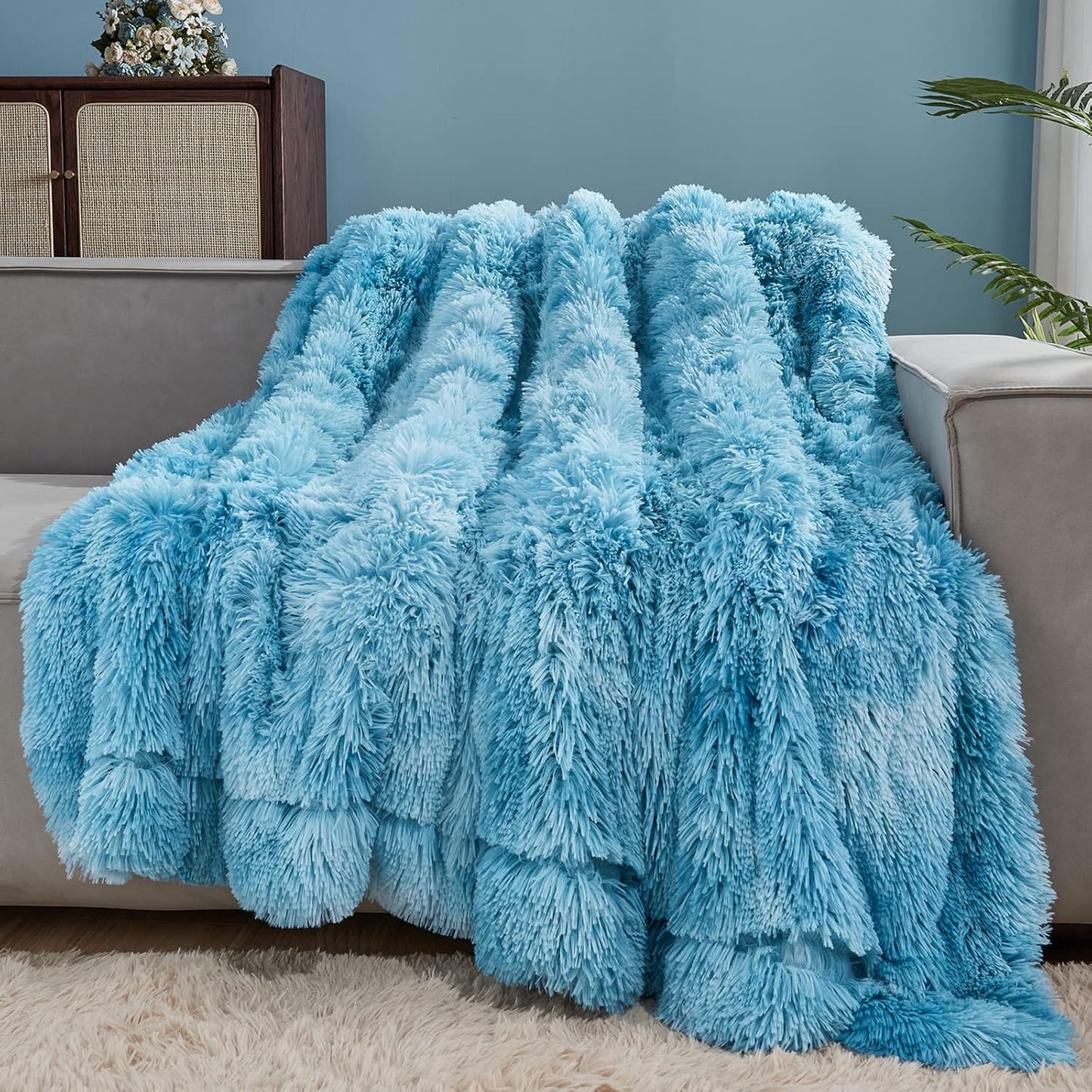 GONAAP Fuzzy Faux Fur Throw Blanket Tie-dye Ocean Blue Super Soft Cozy Plush Fuzzy Shaggy Blanket