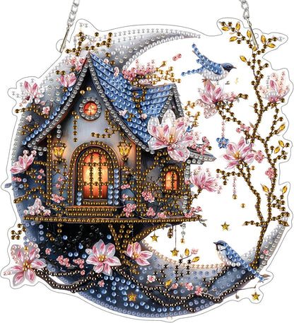 EOBROMD Diamond Hanging Art Kits for Adults, House on The Moon DIY Special Shaped Rhinestone Kits