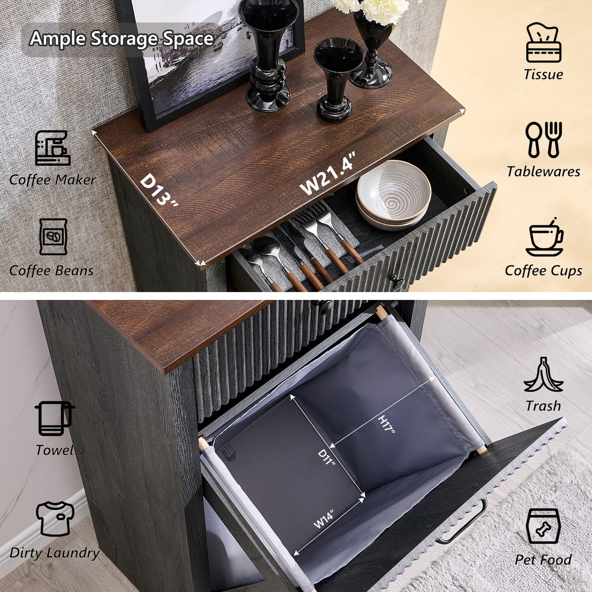 Modern Tilt-Out Trash Can Cabinet, 10 Gallon Fluted Laundry Hamper Cabinet with Drawers, Wooden