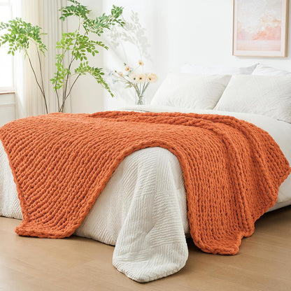 Bigacogo Chunky Knit Throw Blanket for Couch, 51x63 inches, 100% Hand Knitted with Thick Jumbo