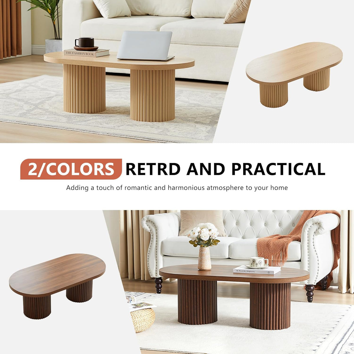 Oval Fluted Coffee Table, Farmhouse Wood Coffee Table Mid Century Modern Center Table Boho Living