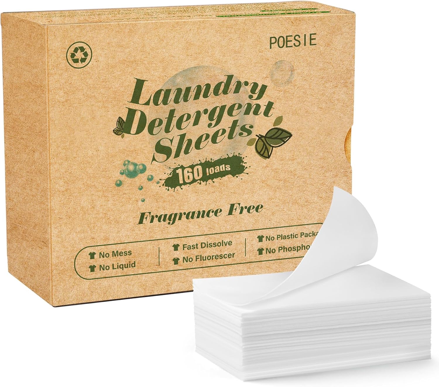 Poesie Laundry Detergent Sheets Fragrance Free Non-Plastic Precut Zero Waste 160 Count Liquidless