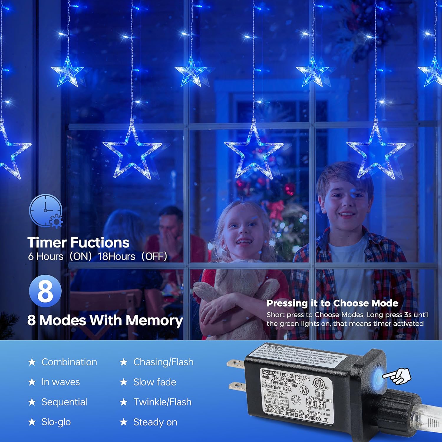 126L Blue White Christmas Star Icicle Lights, 8.2FT Clear Curtain Fairy String with Connectable