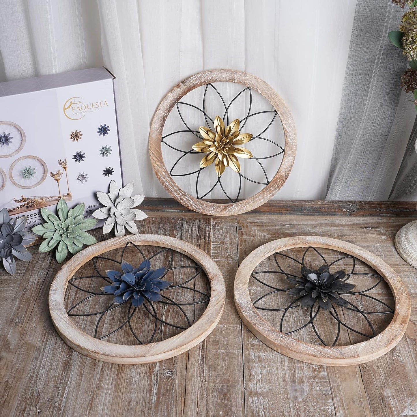 Paquesta 3 Piece Round Farmhouse Wall Decor with 6 Piece Interchangeable Flowers 12'' Medallion