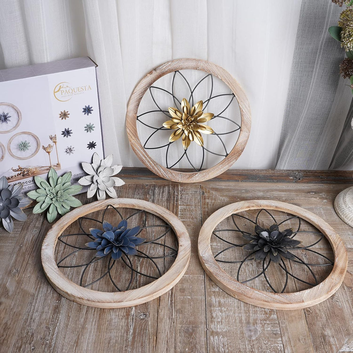 Paquesta 3 Piece Round Farmhouse Wall Decor with 6 Piece Interchangeable Flowers 12'' Medallion