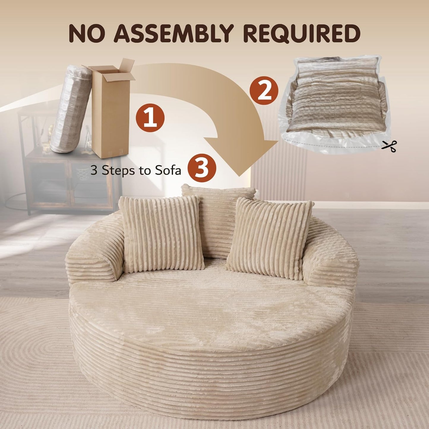 ovios 58" Oversized Round Chair Lounge Chaise Indoor, No Assembly Required, Cloud Large Circle