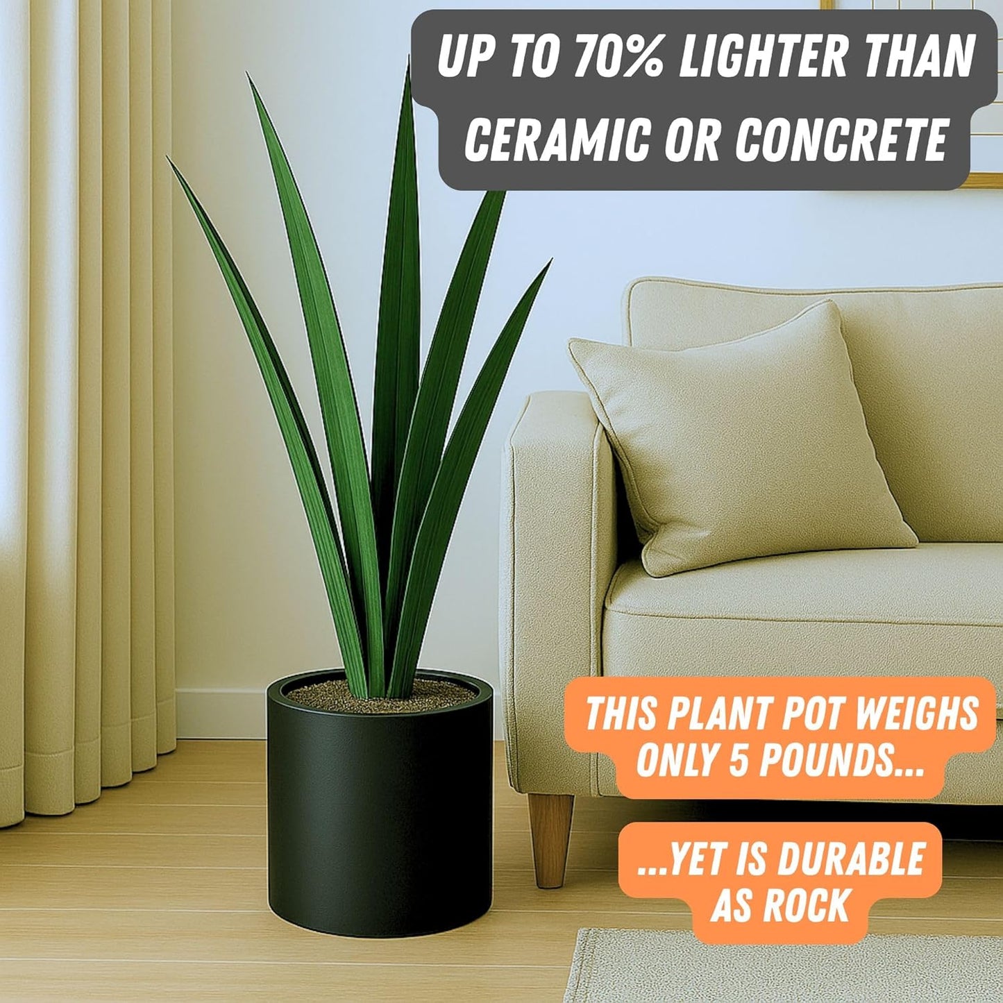 Fox & Fern 10 Inch Black Plant Pot with Drainage Plug — Premium Lightweight Fiberstone Matte Black