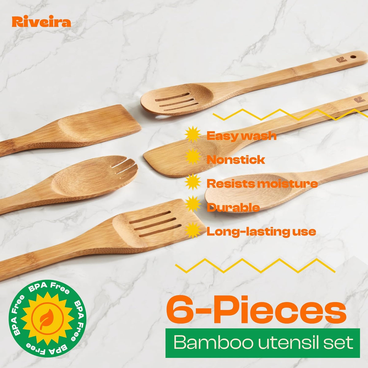 Riveira Dark Bamboo Wooden Spoons for Cooking 6-Piece, Apartment Essentials Wood Spatula Spoon
