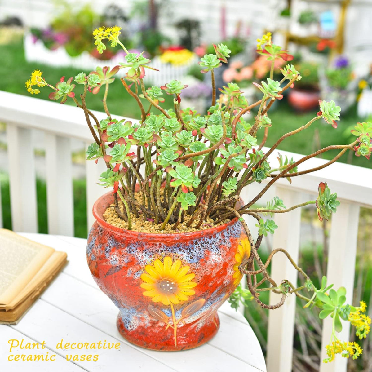 Sungmor Ceramic Hand Painted Succulent Flower Pots, 9 Inch Large Pottery Pots for Indoor Outdoor