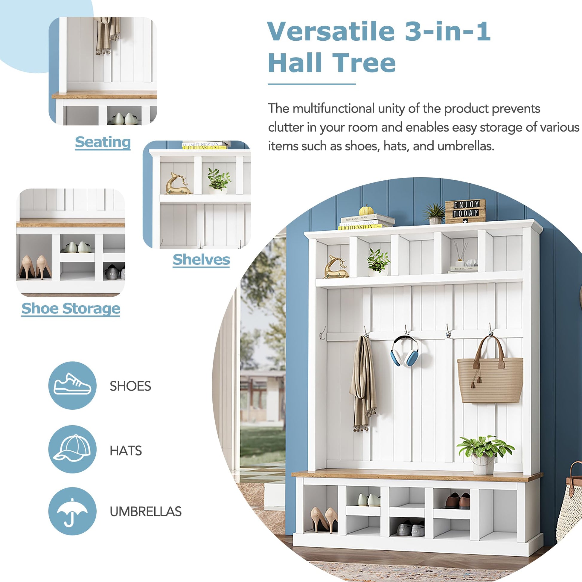 Merax Wood Farmhouse Hall Tree with Storage Entryway Bench, 3-in-1 Coat Racks with 6 Hooks &Shelves