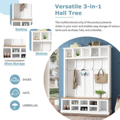 Merax Wood Farmhouse Hall Tree with Storage Entryway Bench, 3-in-1 Coat Racks with 6 Hooks &Shelves