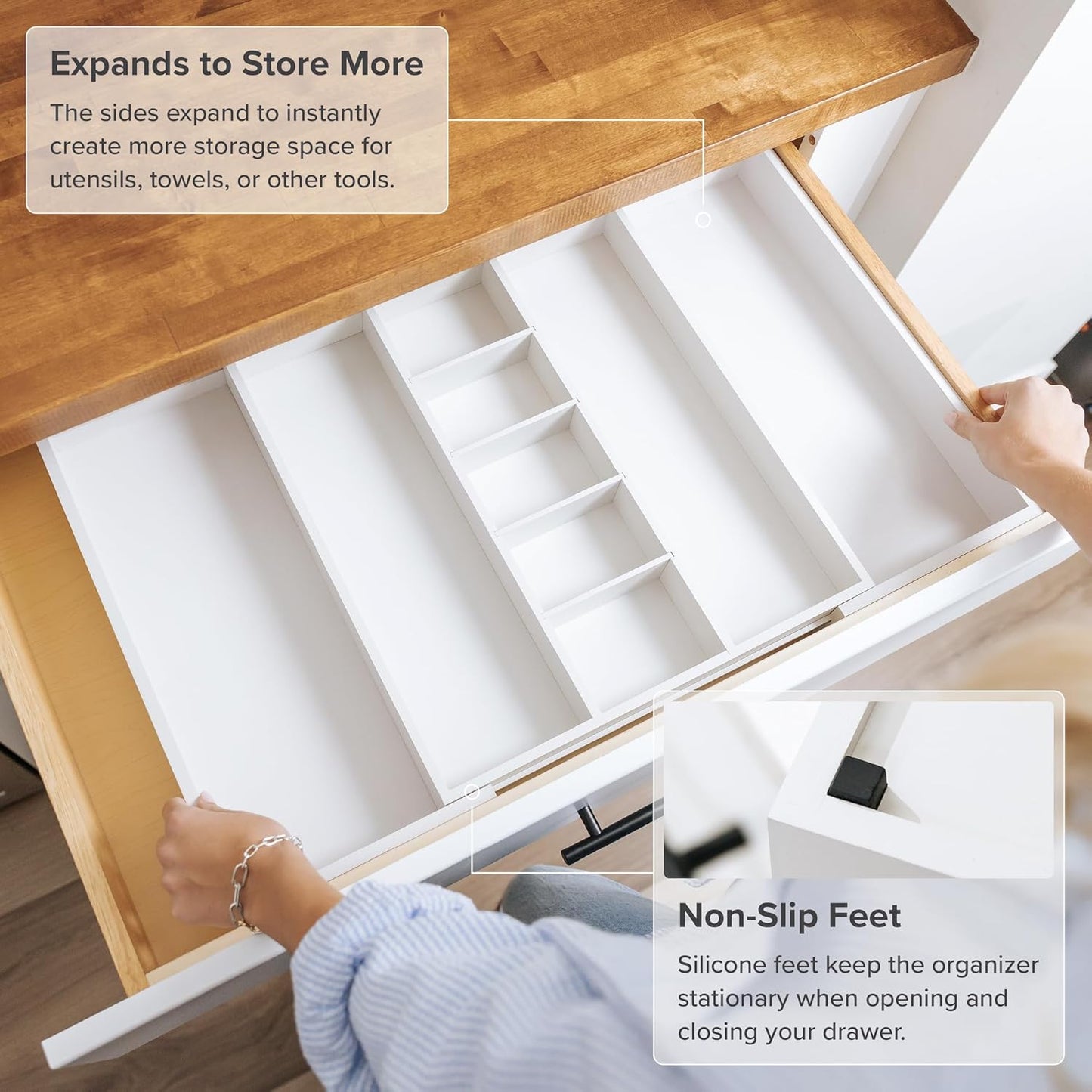 Adjustable Kitchen Drawer Organizer for Utensils and Junk, Food-Safe Contract Grade with 100%