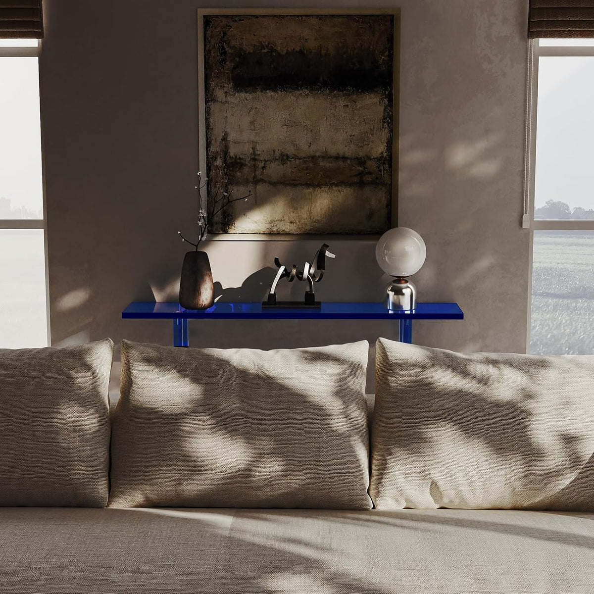 HMYHUM Narrow Acrylic Console Table, with Transparent Gradient Blue Square Legs, 7.6" Width, 2-Tier
