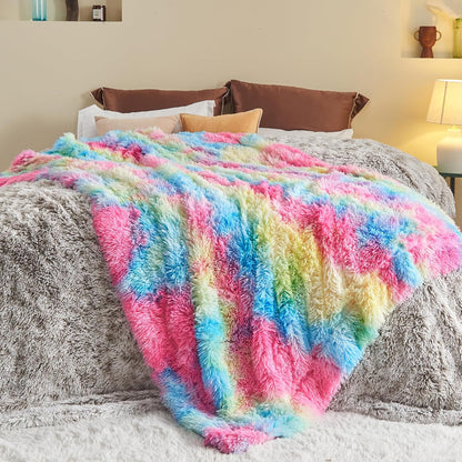 GONAAP Fuzzy Faux Fur Throw Blanket Twin Size Dark Rainbow Super Soft Cozy Plush Fuzzy Shaggy