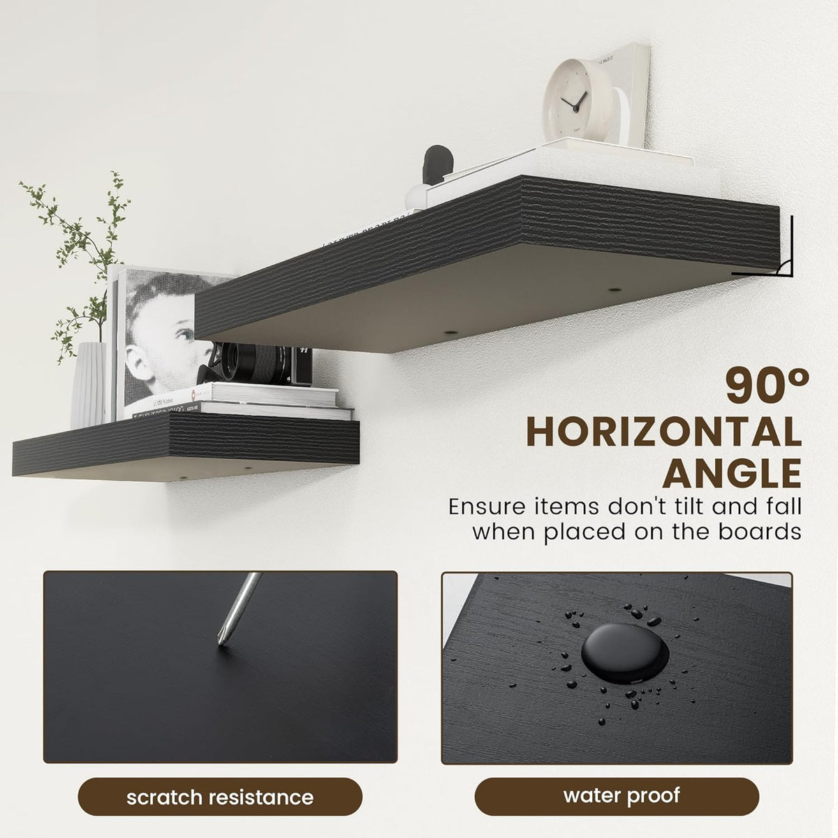 Deep Floating Shelves for Wall, 12'' Deep Large Floating Shelves Set of 2, 36 Inch Distressed Black