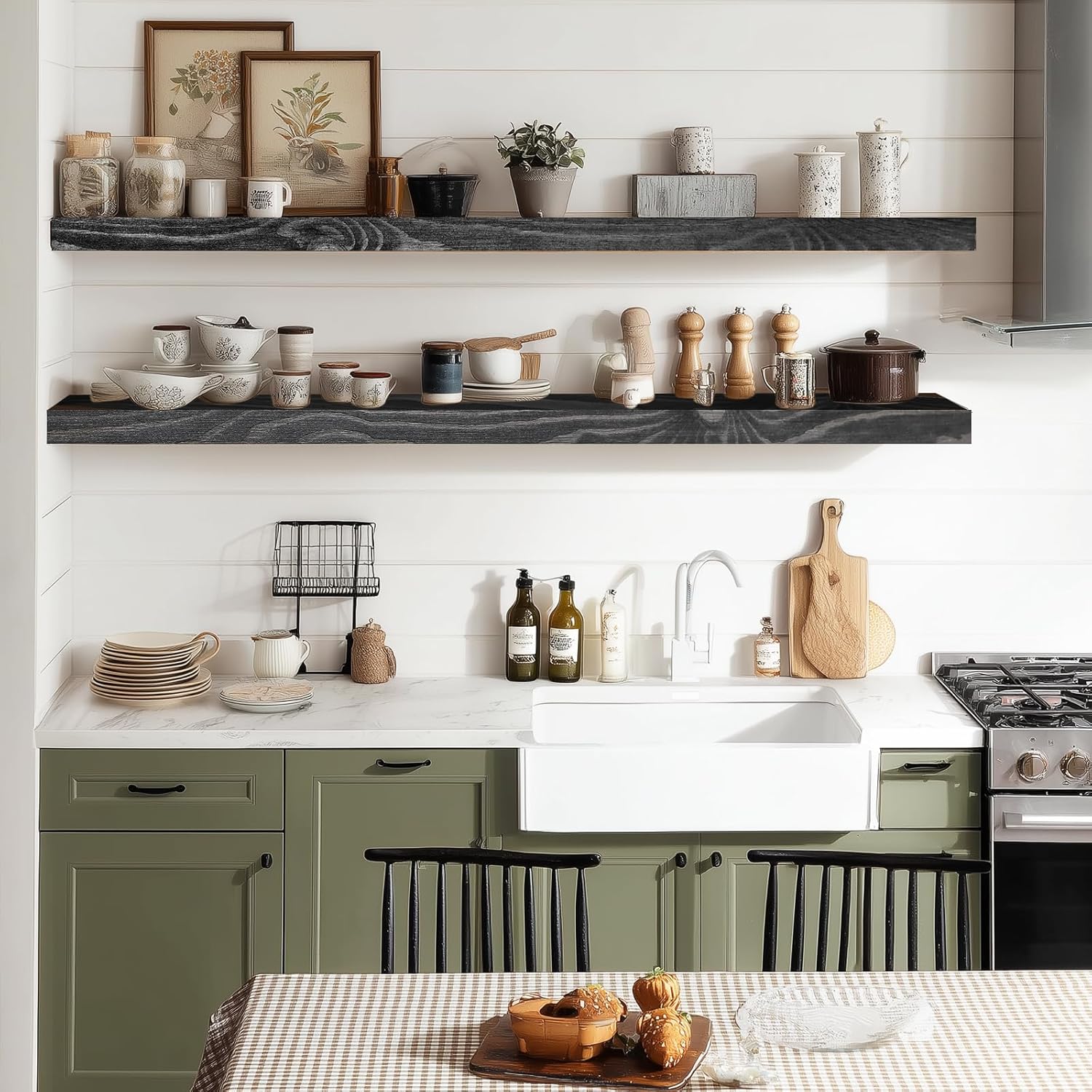 36"x6.8"x1.2" Solid Wood Floating Shelves 2-Pack - Rustic Black Finish with Hidden Brackets
