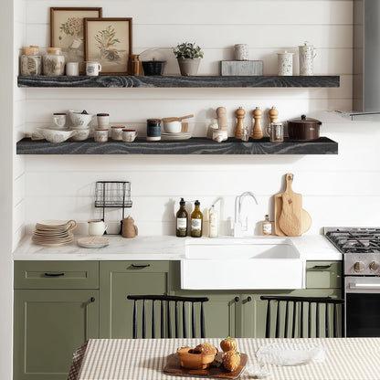 36"x6.8"x1.2" Solid Wood Floating Shelves 2-Pack - Rustic Black Finish with Hidden Brackets
