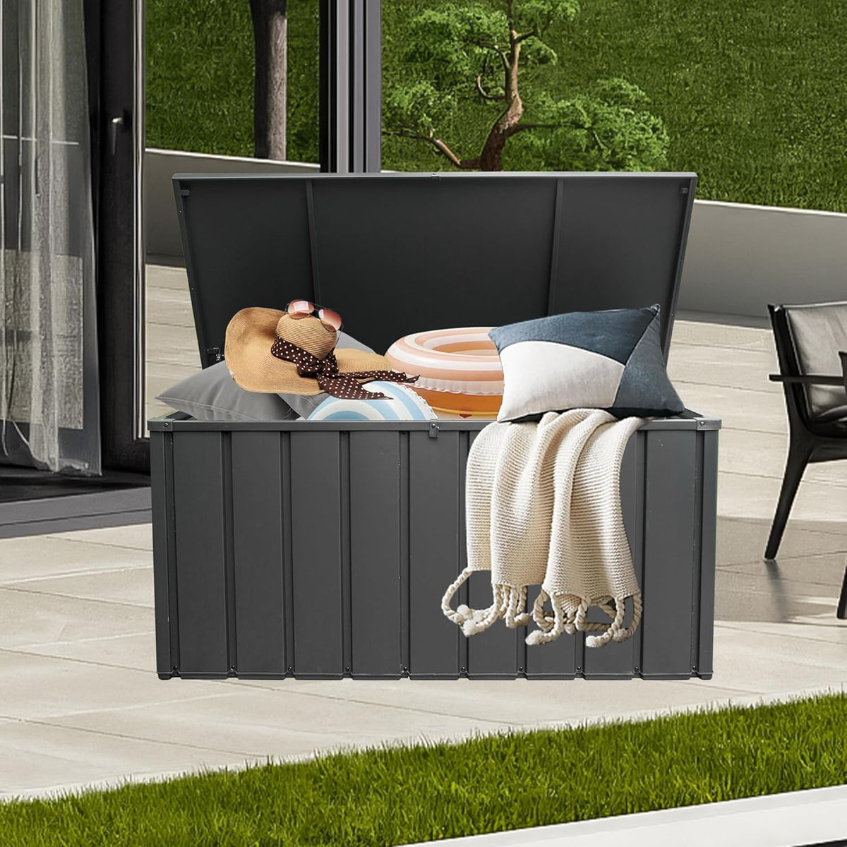 Domi 160 Gallon Deck Box, Outdoor Metal Lockable Storage Cabinet, Waterproof Steel Outdoor Bench