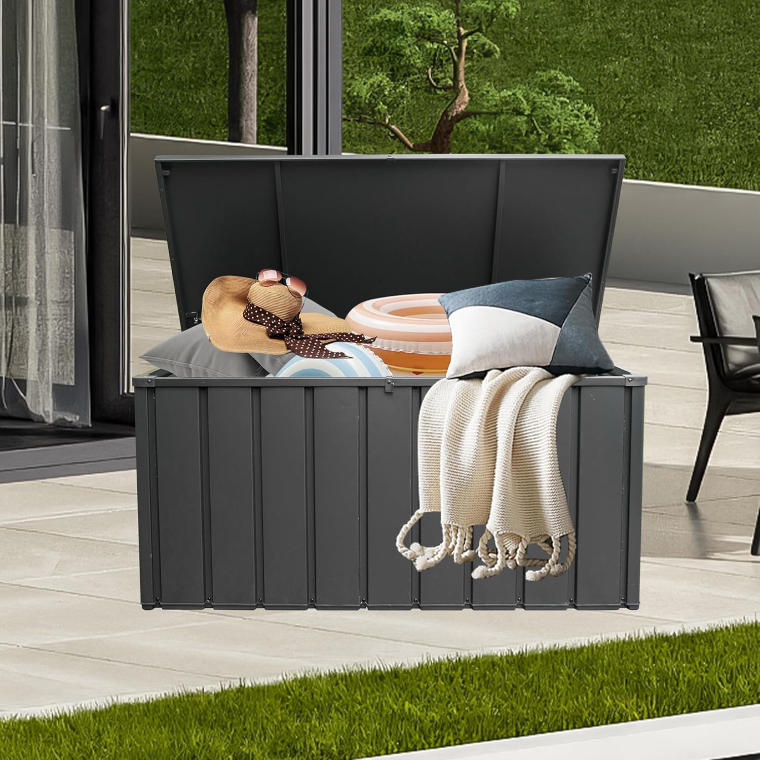 Domi 160 Gallon Deck Box, Outdoor Metal Lockable Storage Cabinet, Waterproof Steel Outdoor Bench