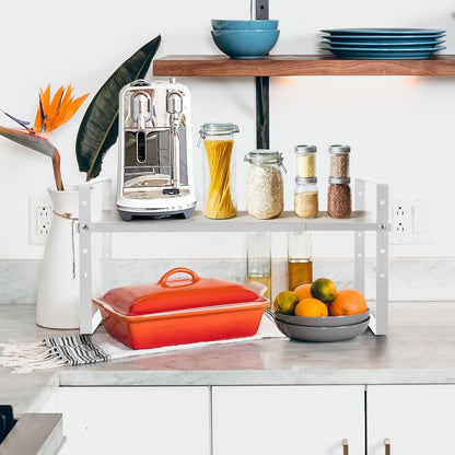 Expandable Cabinet Shelf Organizer Rack, Stackable Kitchen Counter Storage Shelves Stand