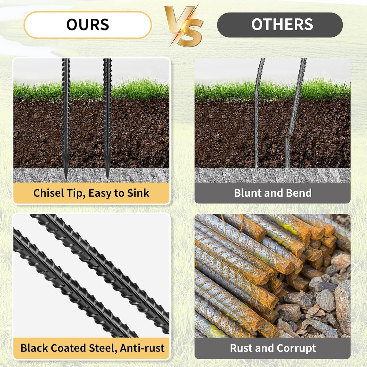 24 Inches Straight Rebar Stakes(20-Pack), 1/2" Diameter Steel Metal Stakes for Garden with Chisel