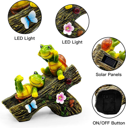 Garden Turtle Figurines Outdoor Decorations, Solar Statue Sweet Frog Face Turtles Decor with 4 LED