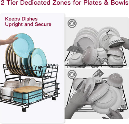BOOSINY 2 Tier Black Large Stainless Steel Dish Drainers Drying Rack for Kitchen Counter with