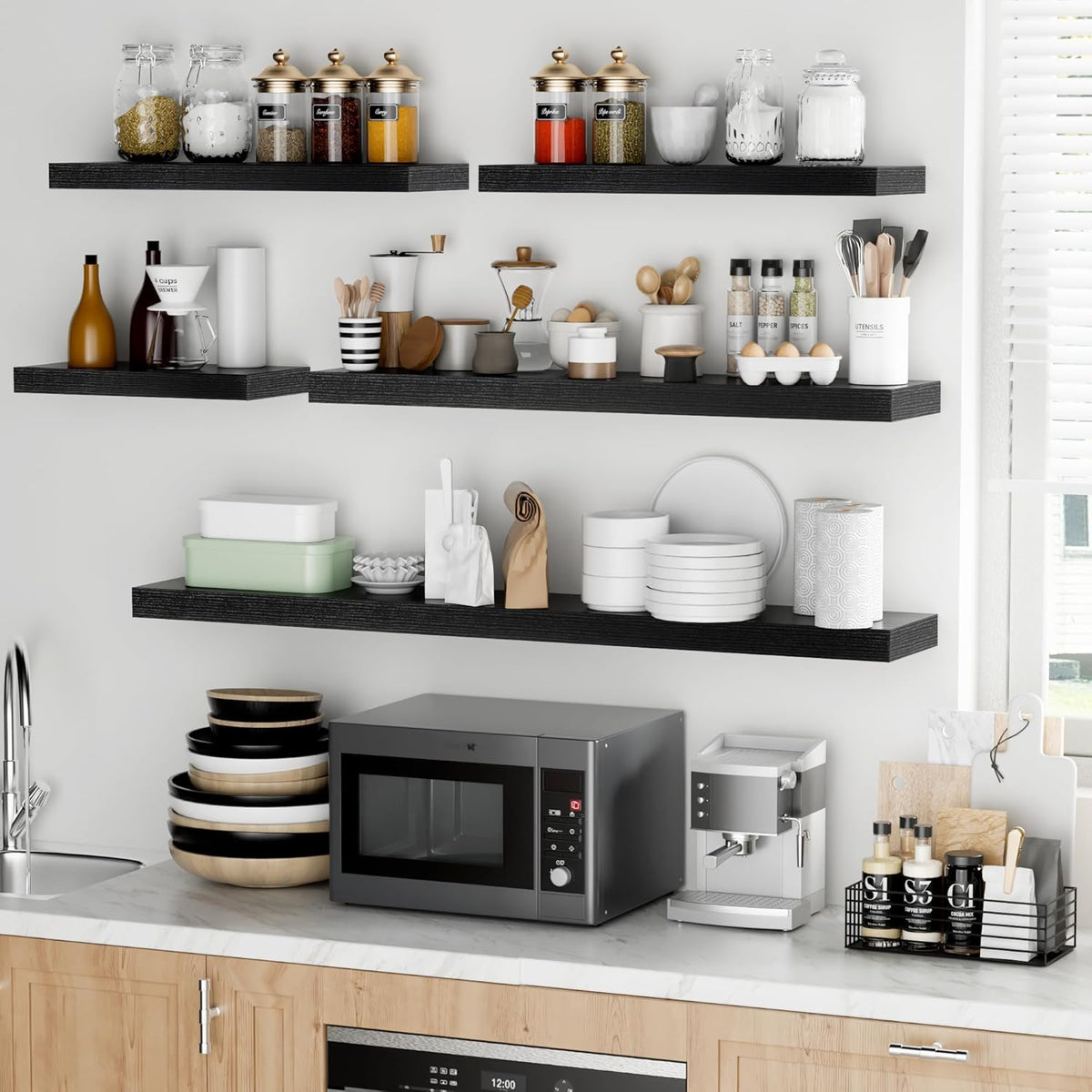 Fun Memories 36 Inch Floating Shelves - Deep Rustic Black Wooden Wall Shelves - Extra Deeper &
