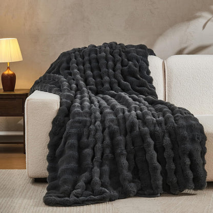 Lotus Karen Faux Fur Throw Blanket Dark Gray - Big Bubble Rabbit Fluff Blanket for Couch, Small
