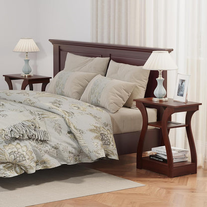 End Tables Living Room, Cherry End Table with Charging Station, Nightstand for Bedroom, 3 Tier End
