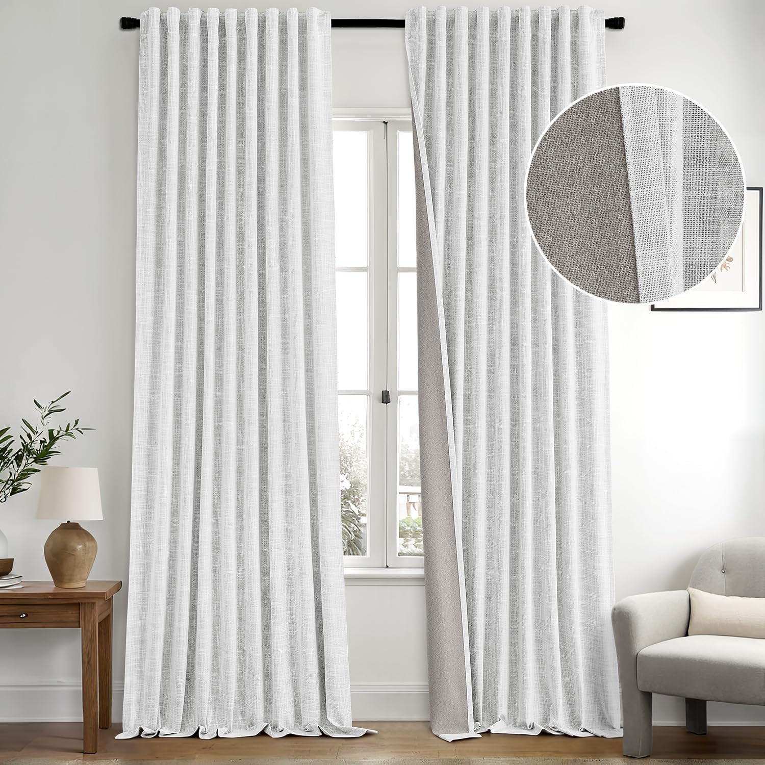 MIULEE Greyish White 100% Blackout Linen Curtains 84 Inch 2 Panels Set Double Sided No Coating